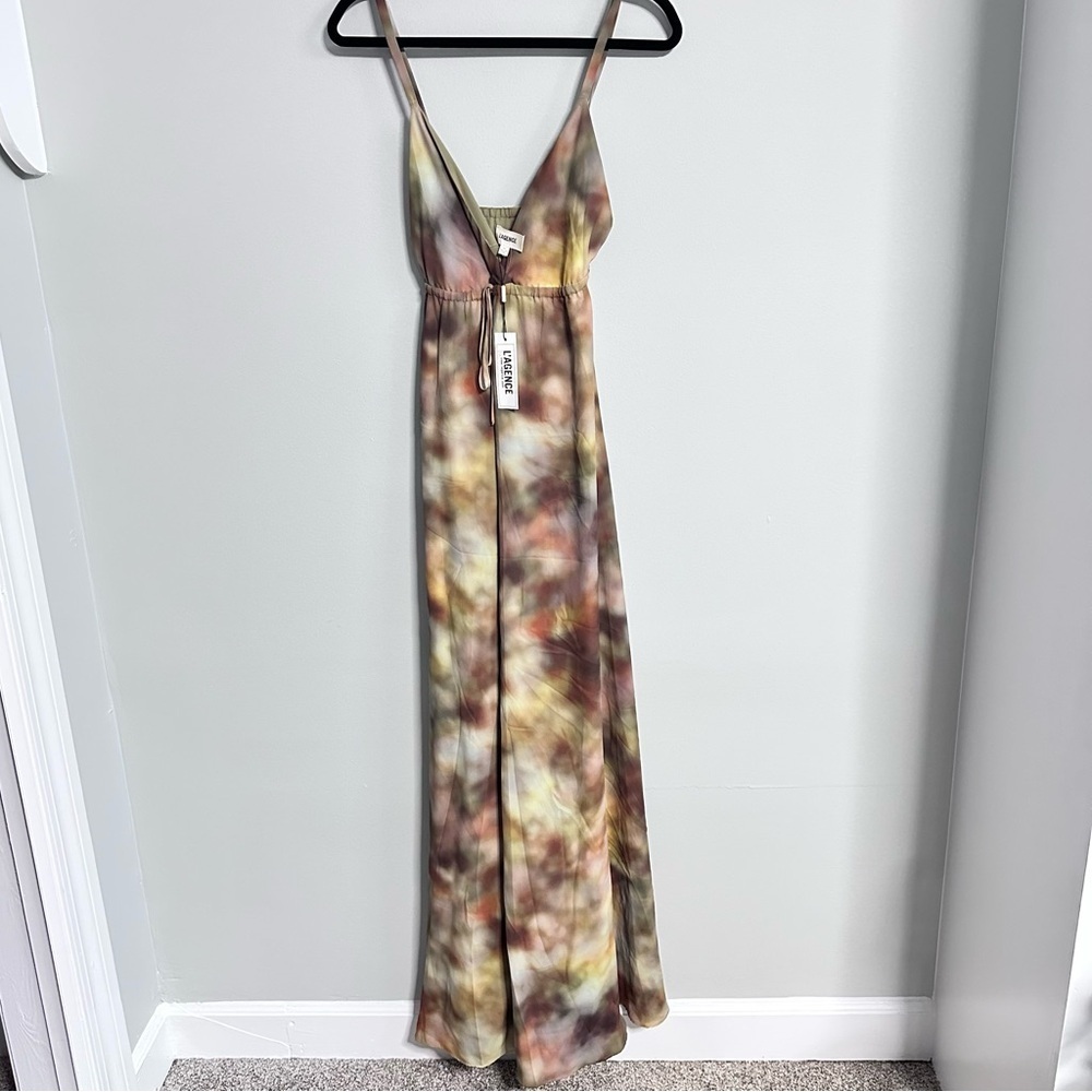 L'AGENCE Brown and Cream Maxi Dress Elegant Lined Abstract Print SP